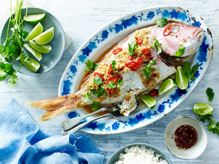 Ginger and lemon grass whole baked snapper
