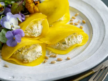 Golden beetroot ravioli with herbed nut cheese