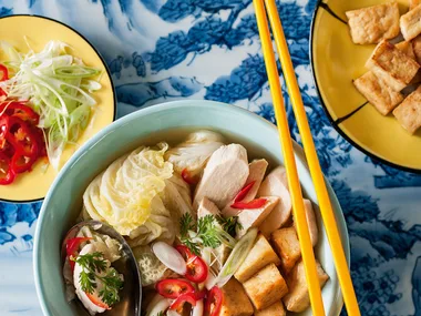 Chicken soup with wong bok, hokkien noodles, tofu and chilli
