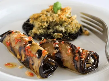 Grilled eggplant rolls stuffed with feta