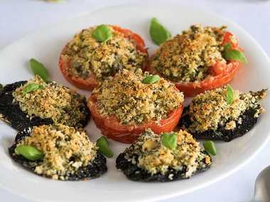 Mushrooms stuffed with buttered crumbs and capers