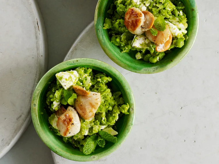 Scallops on pea and feta mash with honey and lemon drizzle