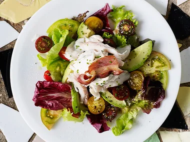 Smoked fish salad with jalapeño mayo and sizzled pancetta