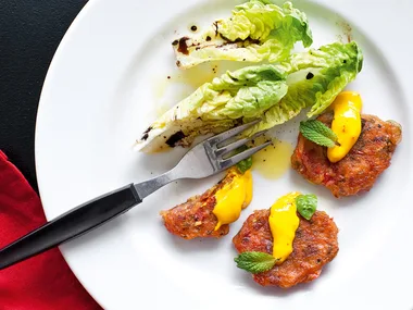 Cherry tomato fritters with saffron and chilli mayonnaise