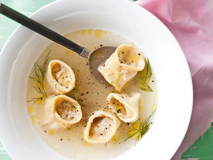 Crab and dill tortellini with chicken brodo