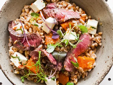Farro with chilli, feta, pumpkin and roast beef