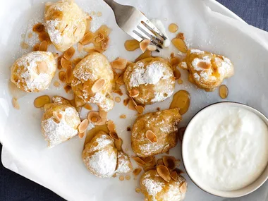 Honey, saffron & vanilla dumplings with yoghurt dip