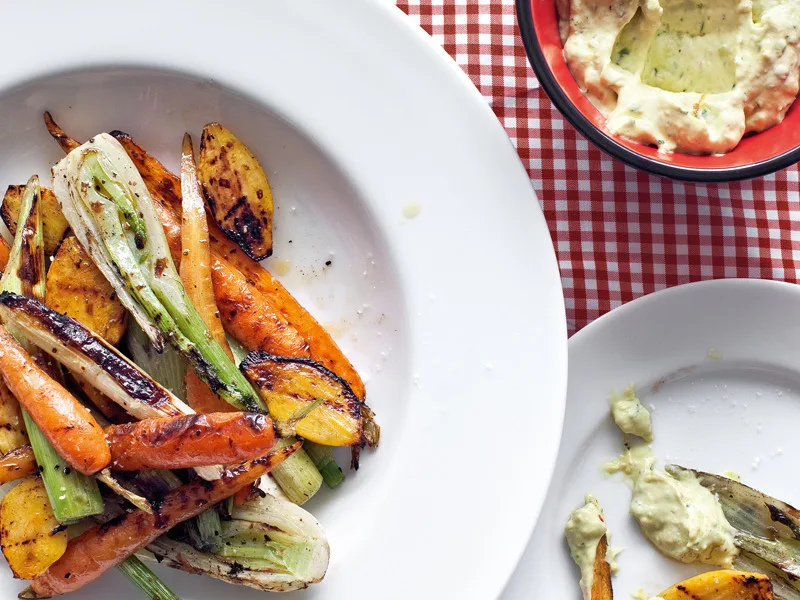 Mixed baby vegetables with creamy lemon, coriander and avocado dip