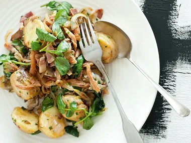 Potato salad with pickled mushrooms and sweet shallots