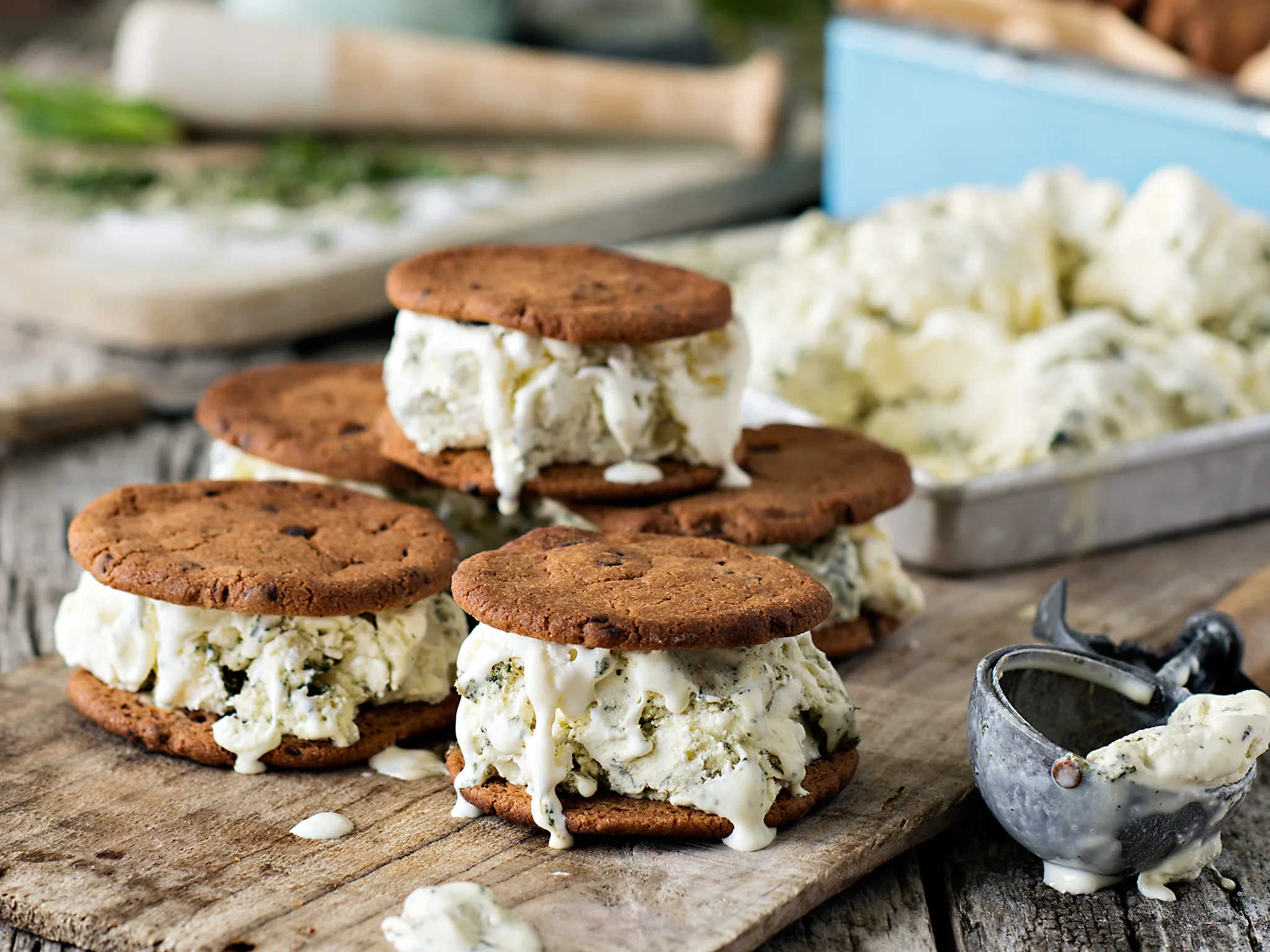 Mint chocolate chip ice cream sandwiches