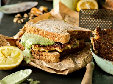 Mussel fritter and rocket mayo sandwiches