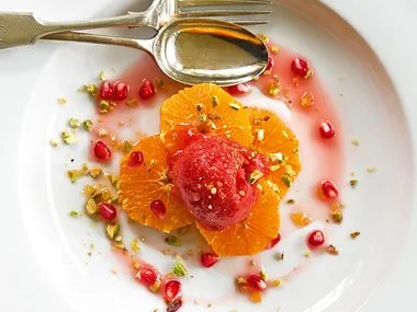 Strawberry sorbet with tangerine Campari syrup