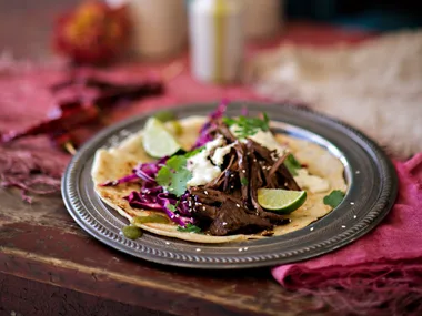 Beef tacos with jalapeño crema