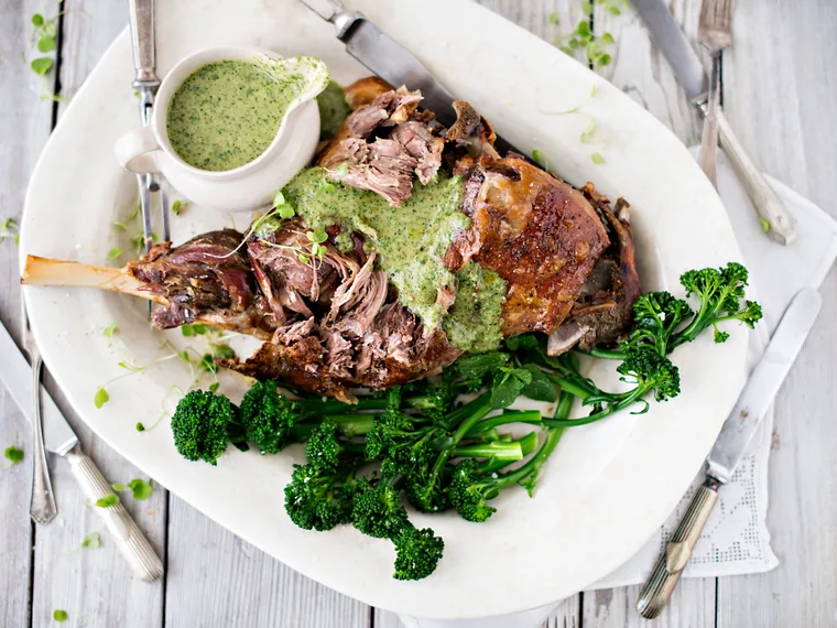 Slow-roasted lamb leg with spring coulis and broccolini
