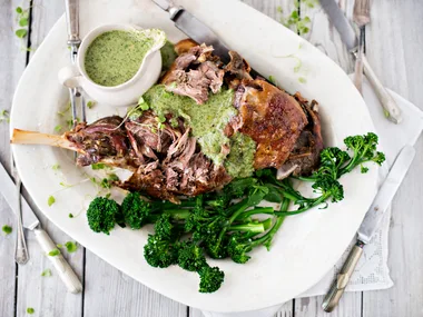 Slow-roasted lamb leg with spring coulis and broccolini