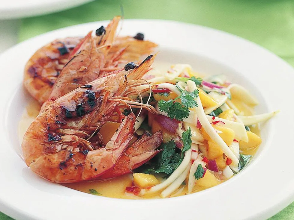 Char-grilled prawns with mango chilli salsa