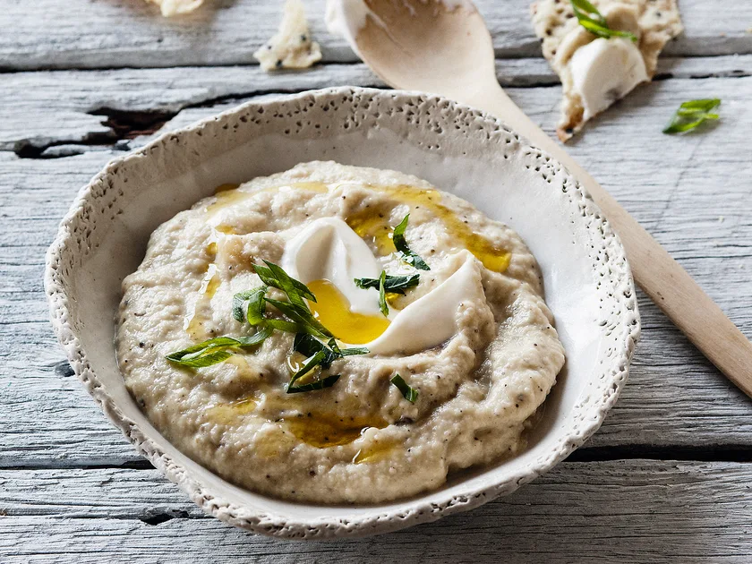 Charred eggplant dip with olive oil quinoa crackers