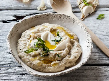 Charred eggplant dip with olive oil quinoa crackers