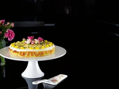 Lemon almond cake with rose, pistachios and Turkish delight