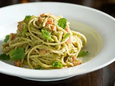 Almond and mint pesto with spaghetti