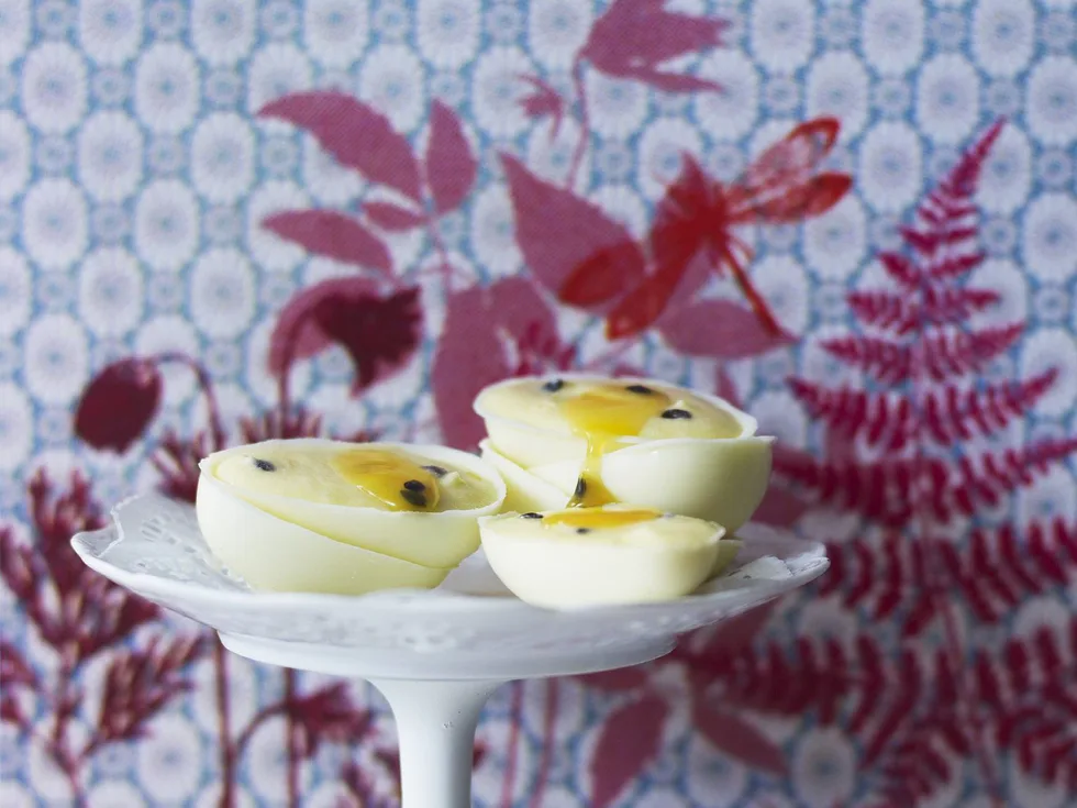 White chocolate and passionfruit mousse eggs