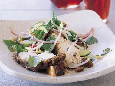 Peanut-crusted Thai chicken with cucumber salad