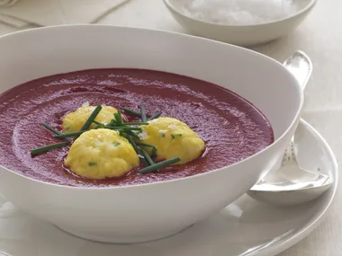 Beetroot cream soup with goat cheese dumplings