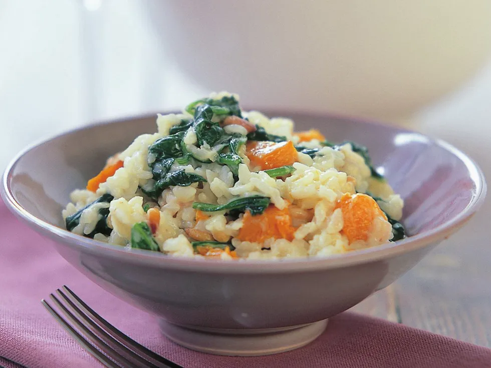 Baked pumpkin and spinach risotto