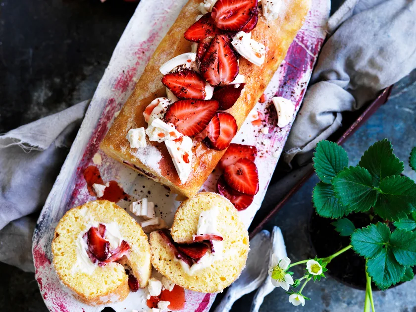 Strawberries and cream white chocolate roulade