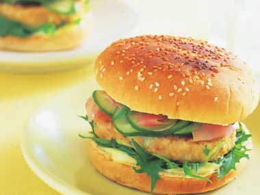 Asian chicken burger with pickled cucumber and wasabi mayonnaise