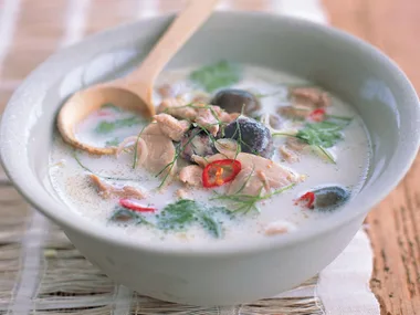 Chicken and galangal soup (tom ka gai)