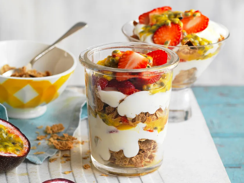 Strawberry and passionfruit breakfast trifle