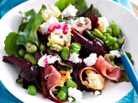 Broad bean, baby beet and goat's cheese salad