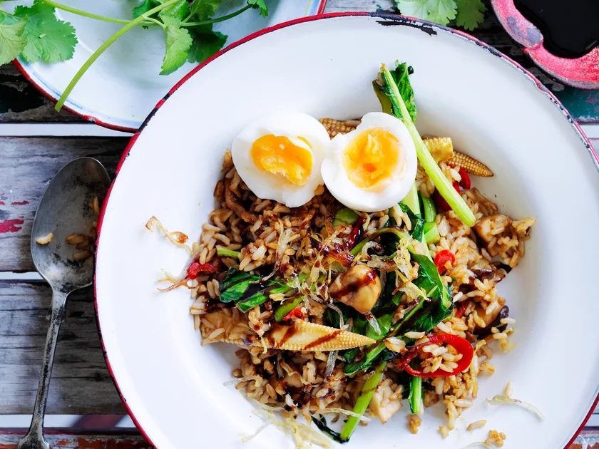 Soft boiled egg and brown rice nasi goreng