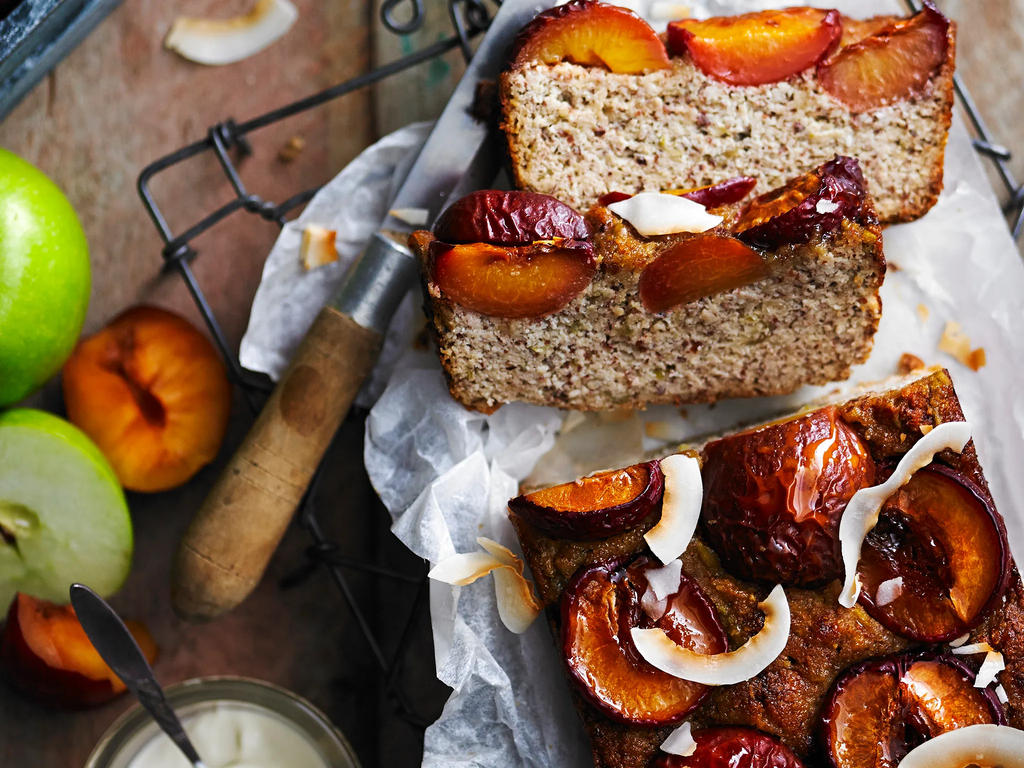 Flourless almond, plum and orange blossom loaf