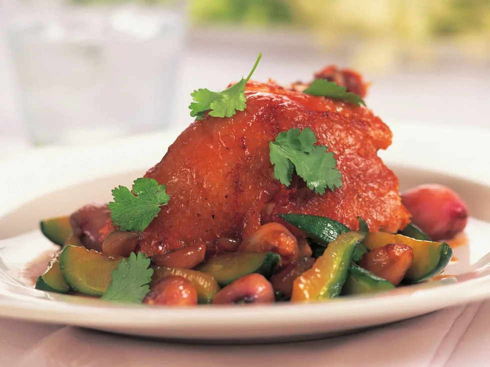 Salt and pepper duck with shallots and cucumber