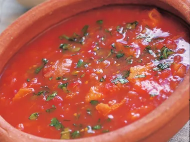 Salmorejo cordobes (thick tomato and bread soup)