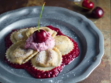 Ricotta and cherry ravioli with hazelnut pasta