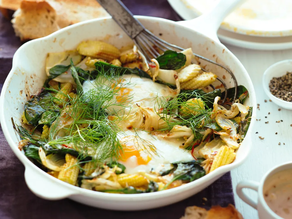 grilled eggs with spiced fennel and spinach