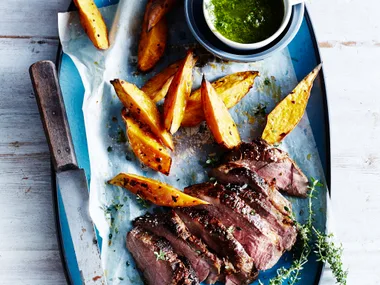 Barbecued lamb leg with lemon thyme salsa verde