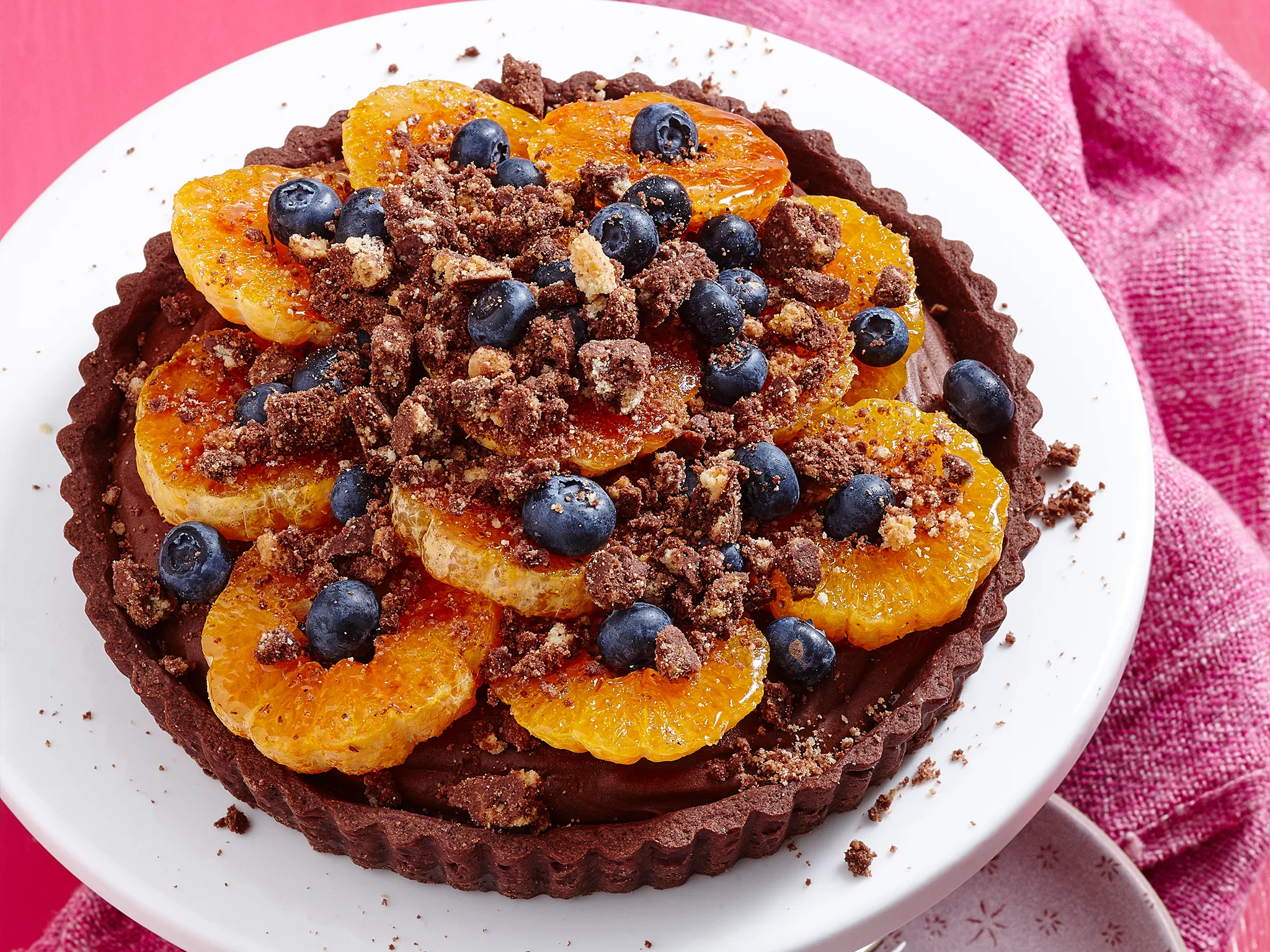 Chocolate mandarin crumble tart