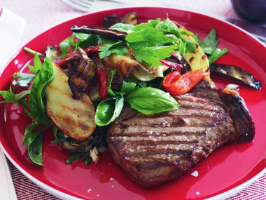 Basil and oregano steak with char-grilled vegetables