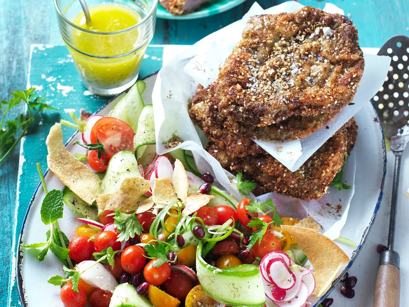 Zaatar spiced schnitzels with fattoush