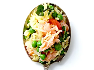 Pea, smoked trout and herb pilaf