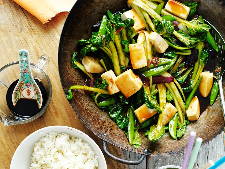 Tofu and sugar snap pea stir-fry
