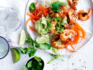 Grilled prawns with avocado cream and slaw