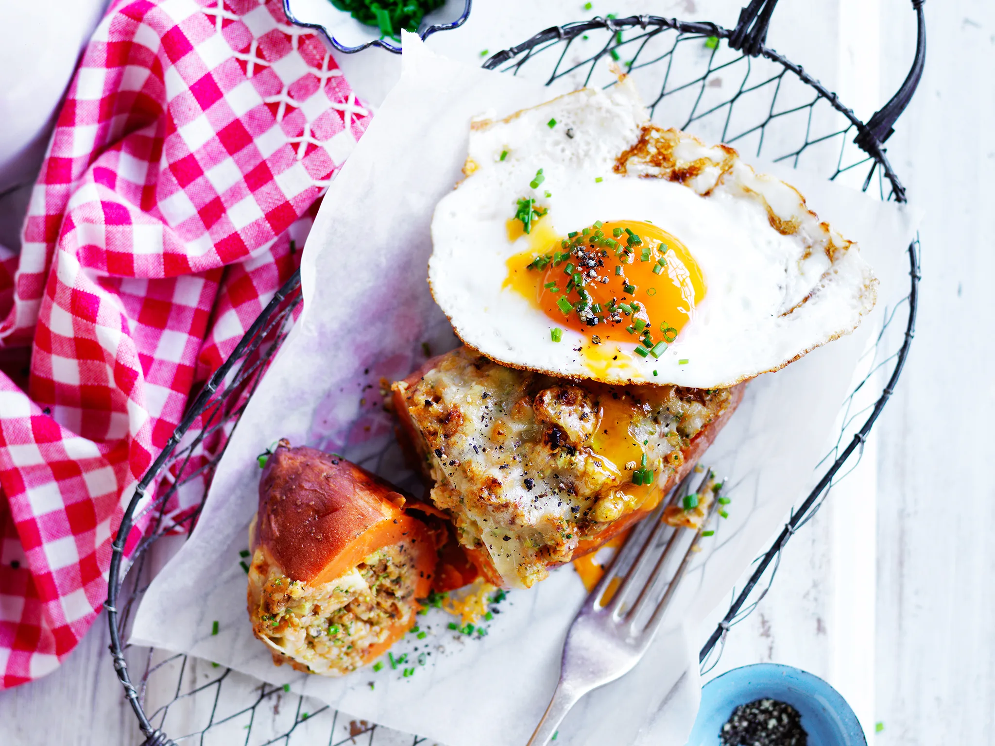 Broccoli and walnut stuffed sweet potato