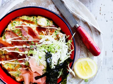 Prawn and vegetable Japanese pancake
