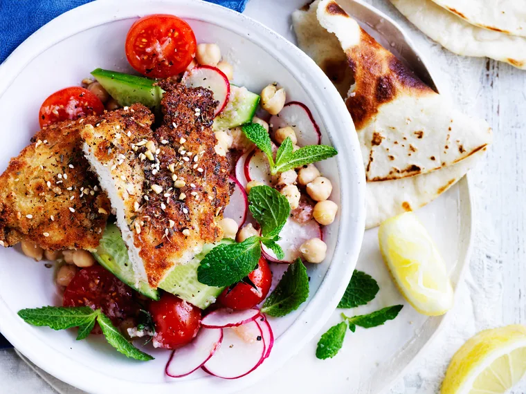 Za&rsquo;atar chicken schnitzel and salad