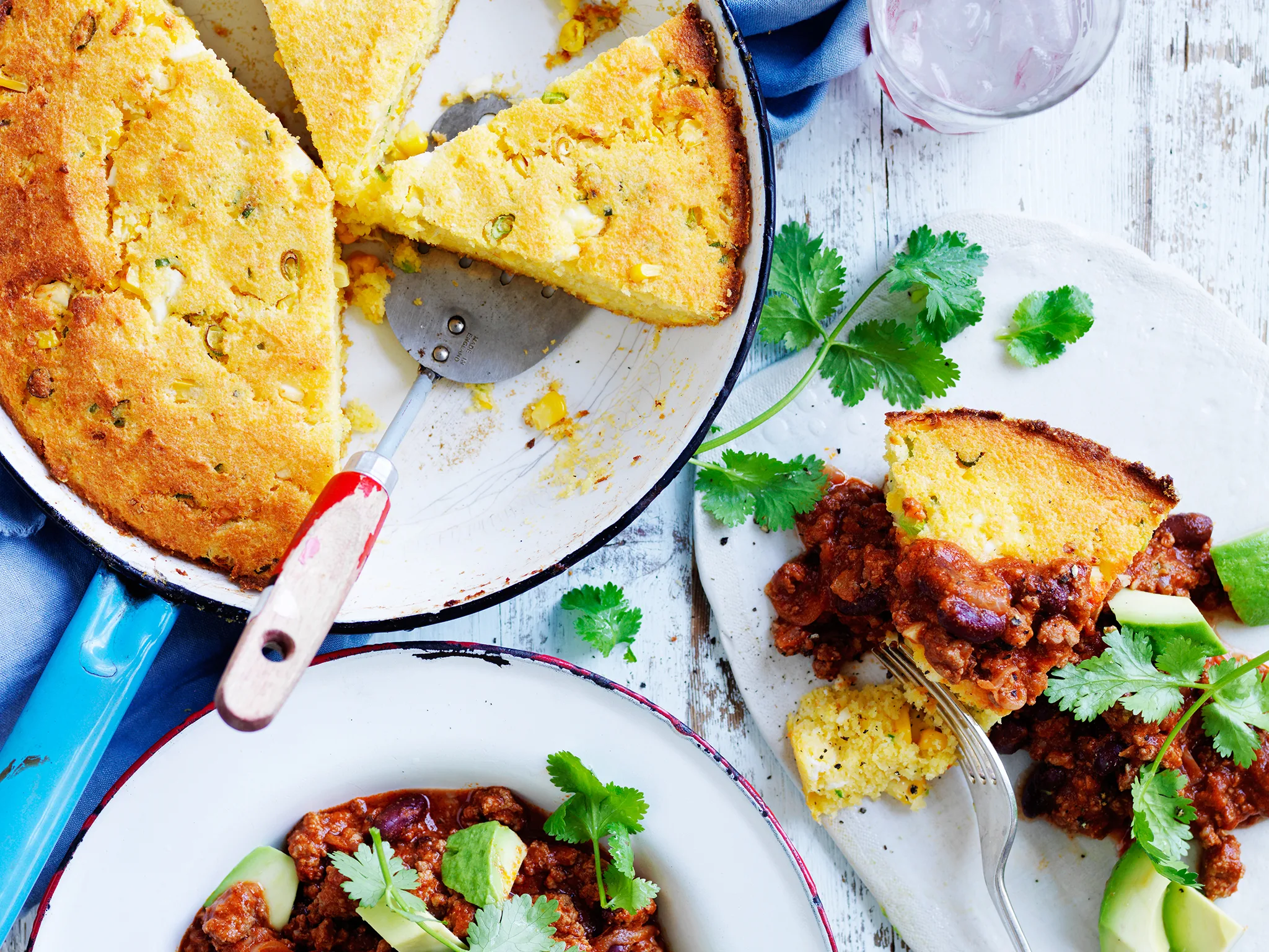 Skillet cornbread with beef and bean chilli